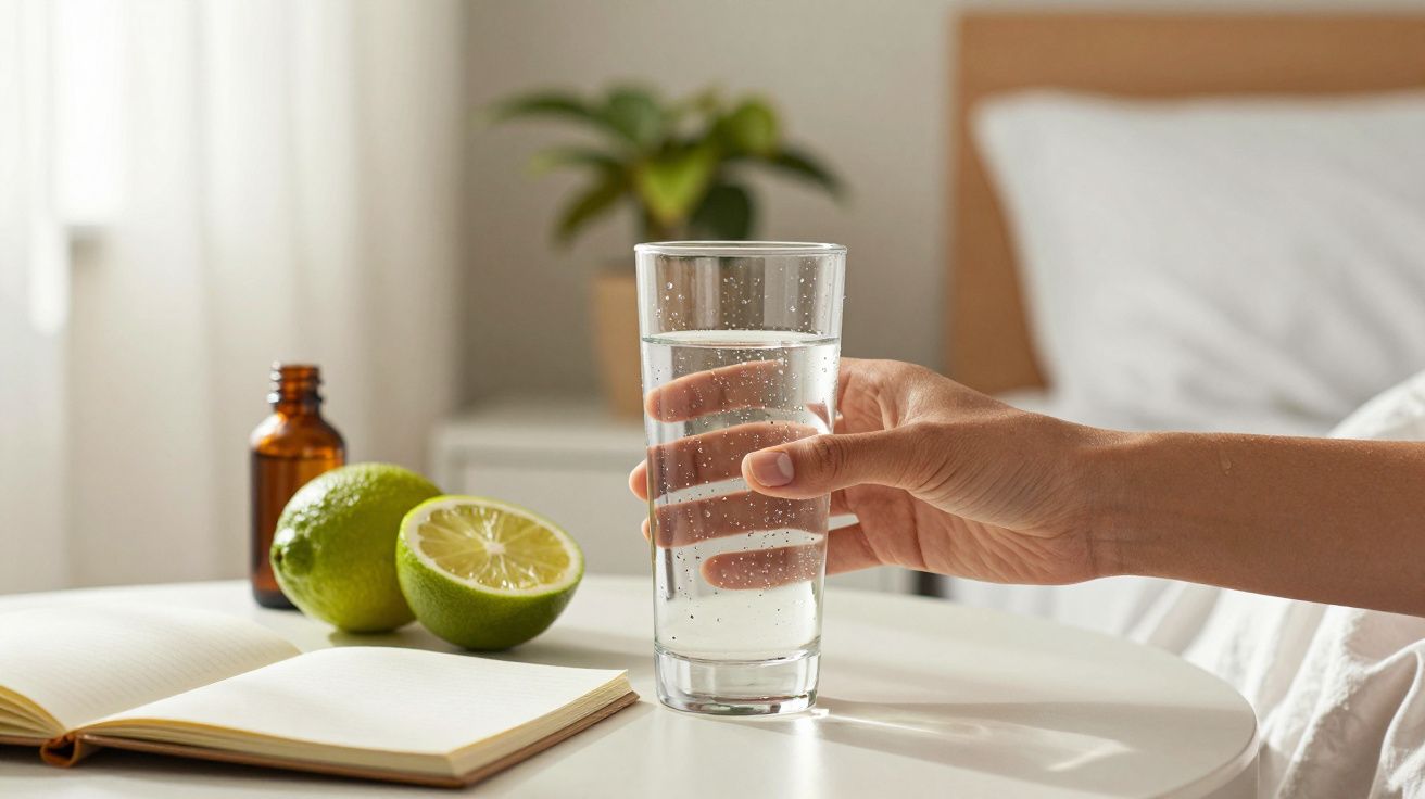 Mão segura copo de água com limão, livro aberto ao lado em mesa branca; luz natural e planta ao fundo.