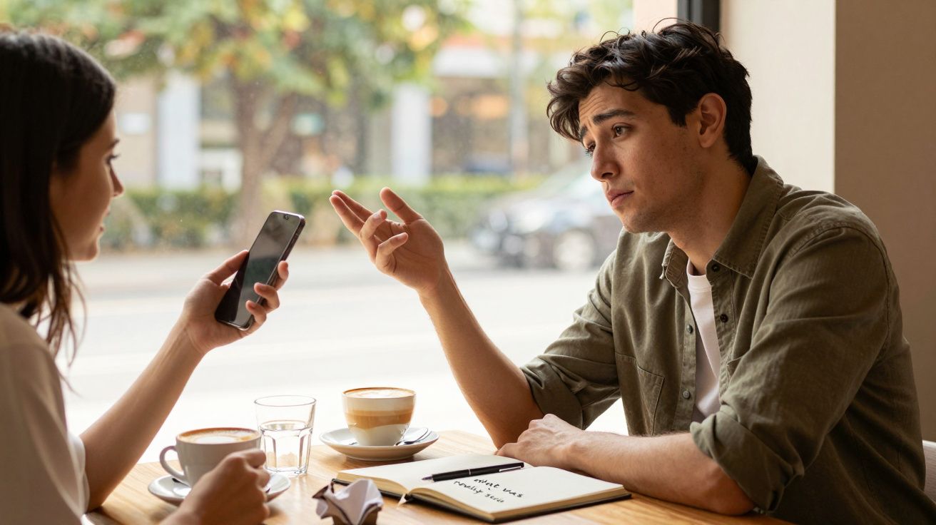 Casal conversa num café, com duas chávenas de café e um caderno na mesa. Uma pessoa segura um telemóvel.