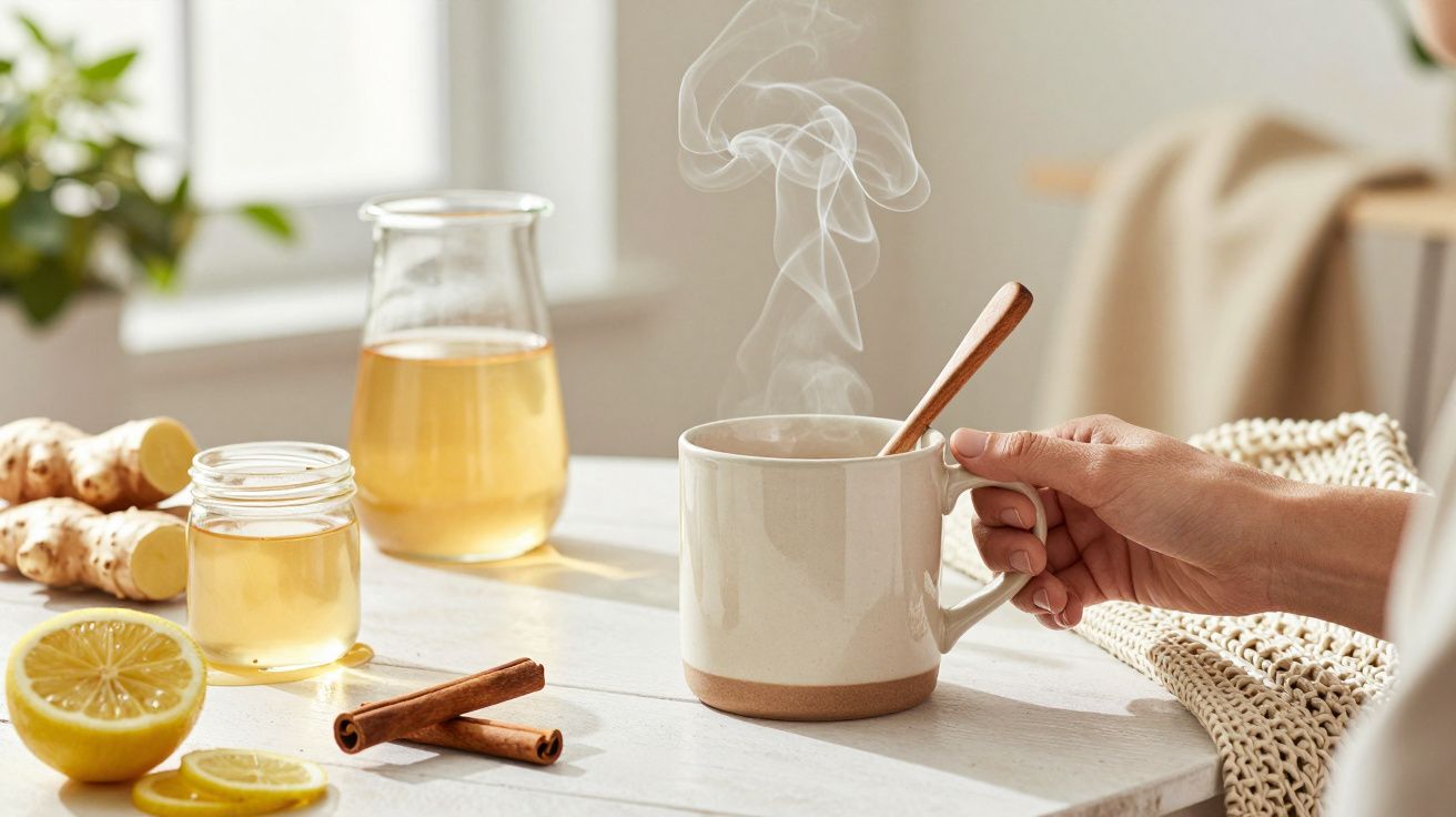 Chá quente fumegante numa caneca branca com mel, gengibre e canela em cima da mesa de madeira branca.