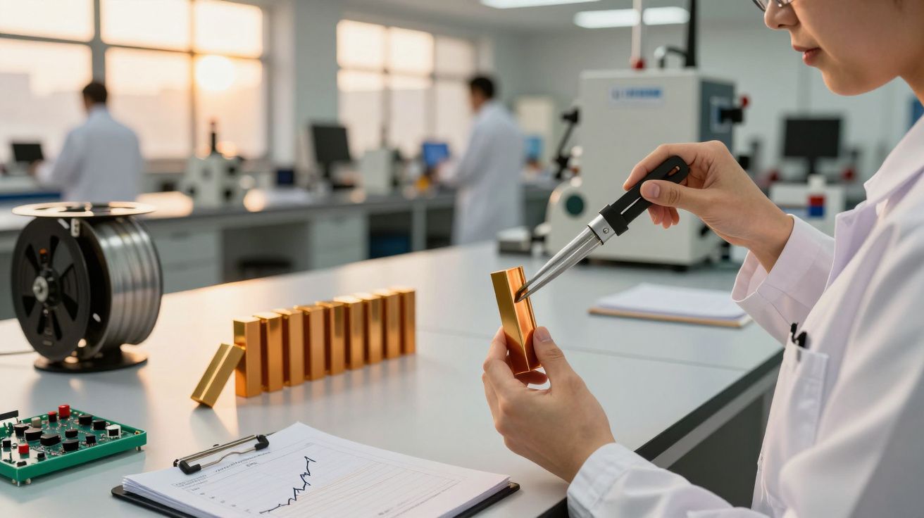 Pessoa em laboratório segurando peça dourada com pinça, gráficos na mesa, ambiente de pesquisa ao fundo.