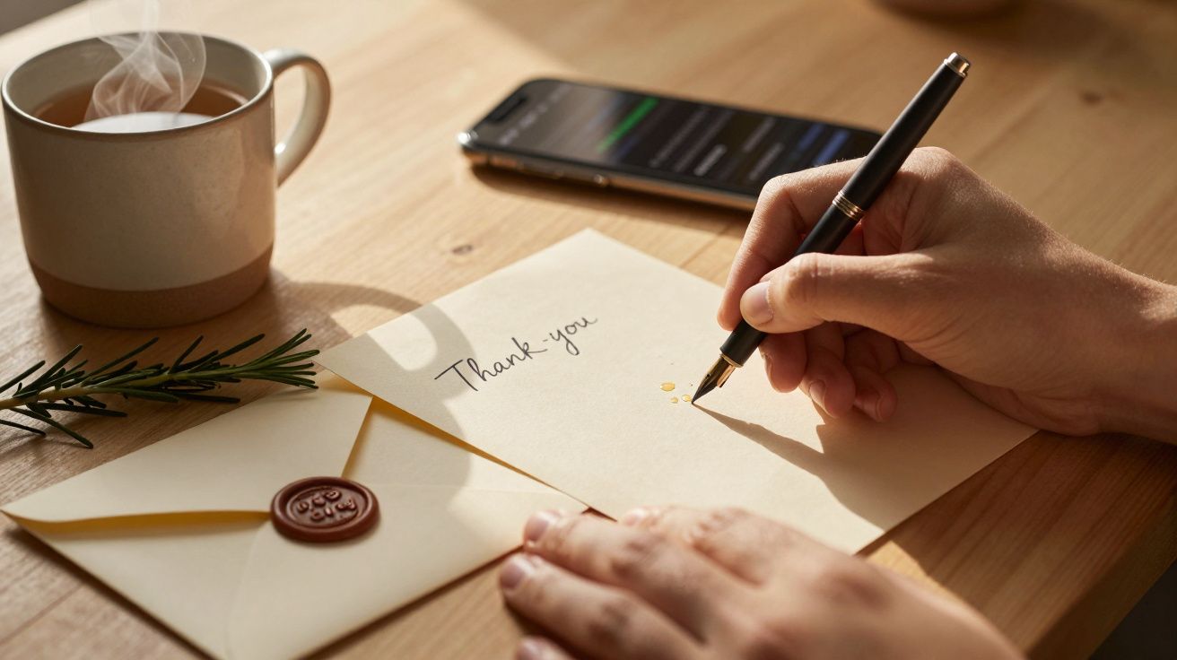 Pessoa a escrever "Thank you" num cartão ao lado de envelope, chá e telemóvel sobre a mesa de madeira.
