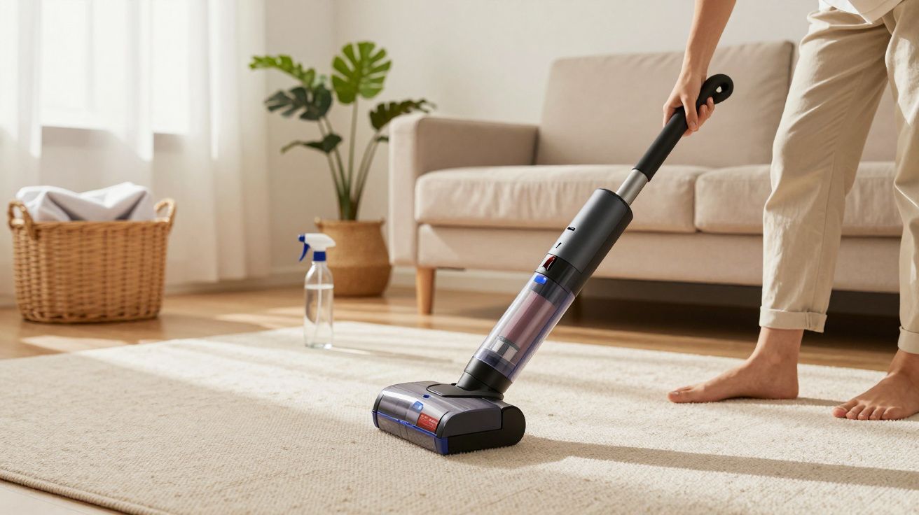 Pessoa a aspirar um tapete numa sala de estar iluminada, com sofá ao fundo e planta ao lado.