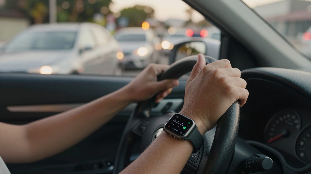 Pessoa a conduzir com relógio inteligente, volante ao centro e trânsito à frente.
