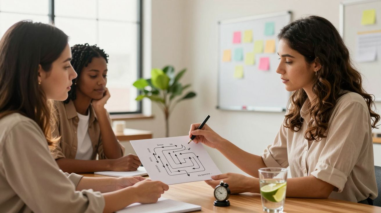 Três mulheres discutem um documento em reunião, com quadro de notas ao fundo e planta na mesa.
