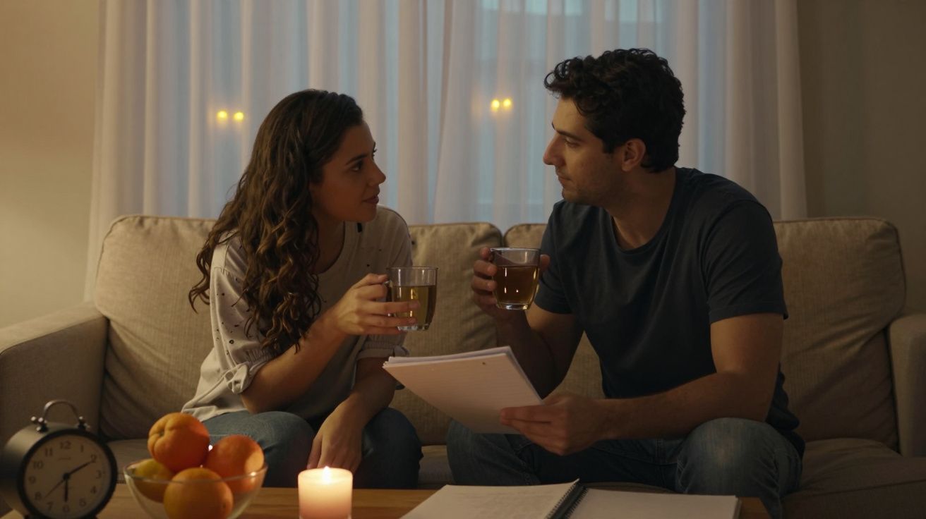Casal sentado no sofá com copos de chá nas mãos, conversando à luz de velas numa sala aconchegante.