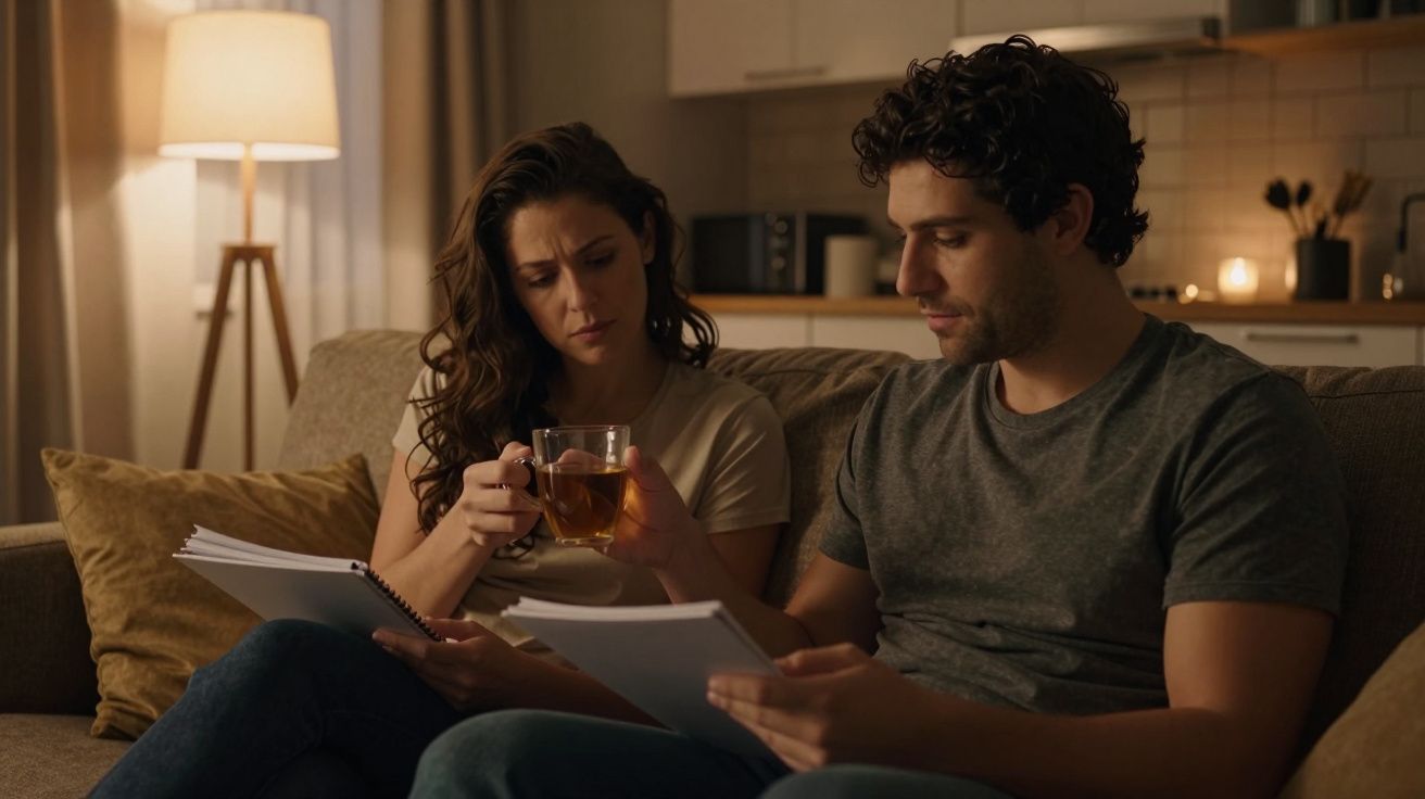 Casal sentado no sofá, revendo documentos à noite, com uma chávena de chá numa sala iluminada por abajur.