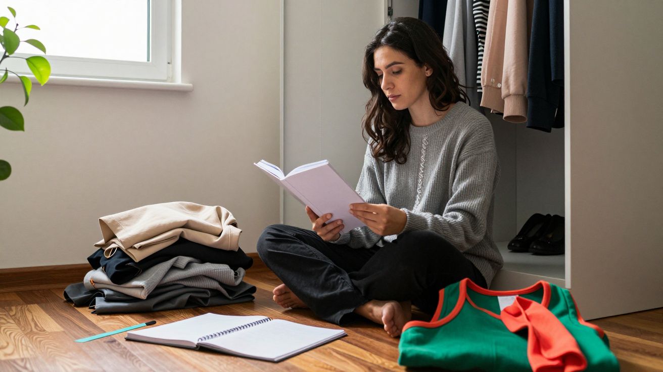 Mulher sentada no chão a ler um livro, com caderno aberto ao lado e roupas dobradas em frente a um roupeiro.