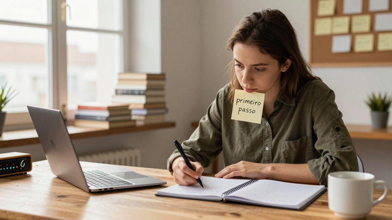 Mulher escrevendo em caderno, com post-it "primeiro passo" colado no rosto, sentada à mesa com laptop e livros.