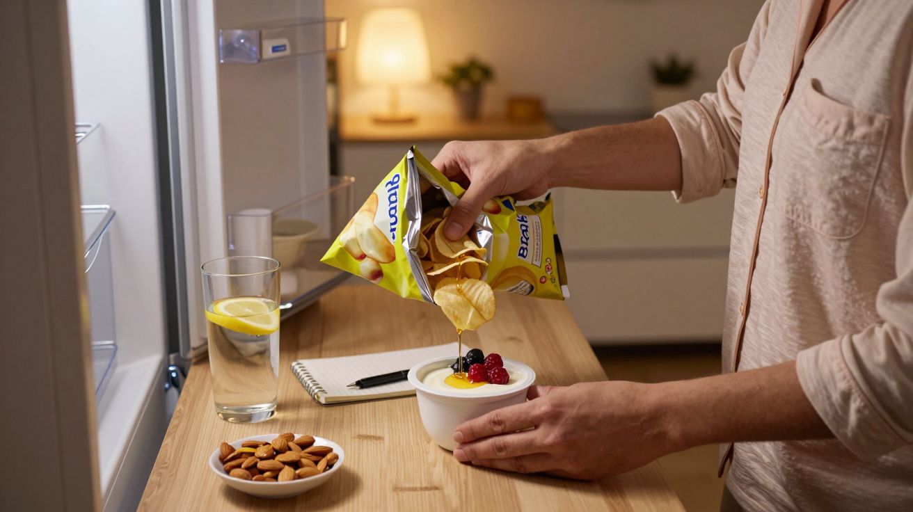 Pessoa preparando sobremesa com iogurte, frutas vermelhas e batatas fritas; amêndoas e copo de água ao lado.