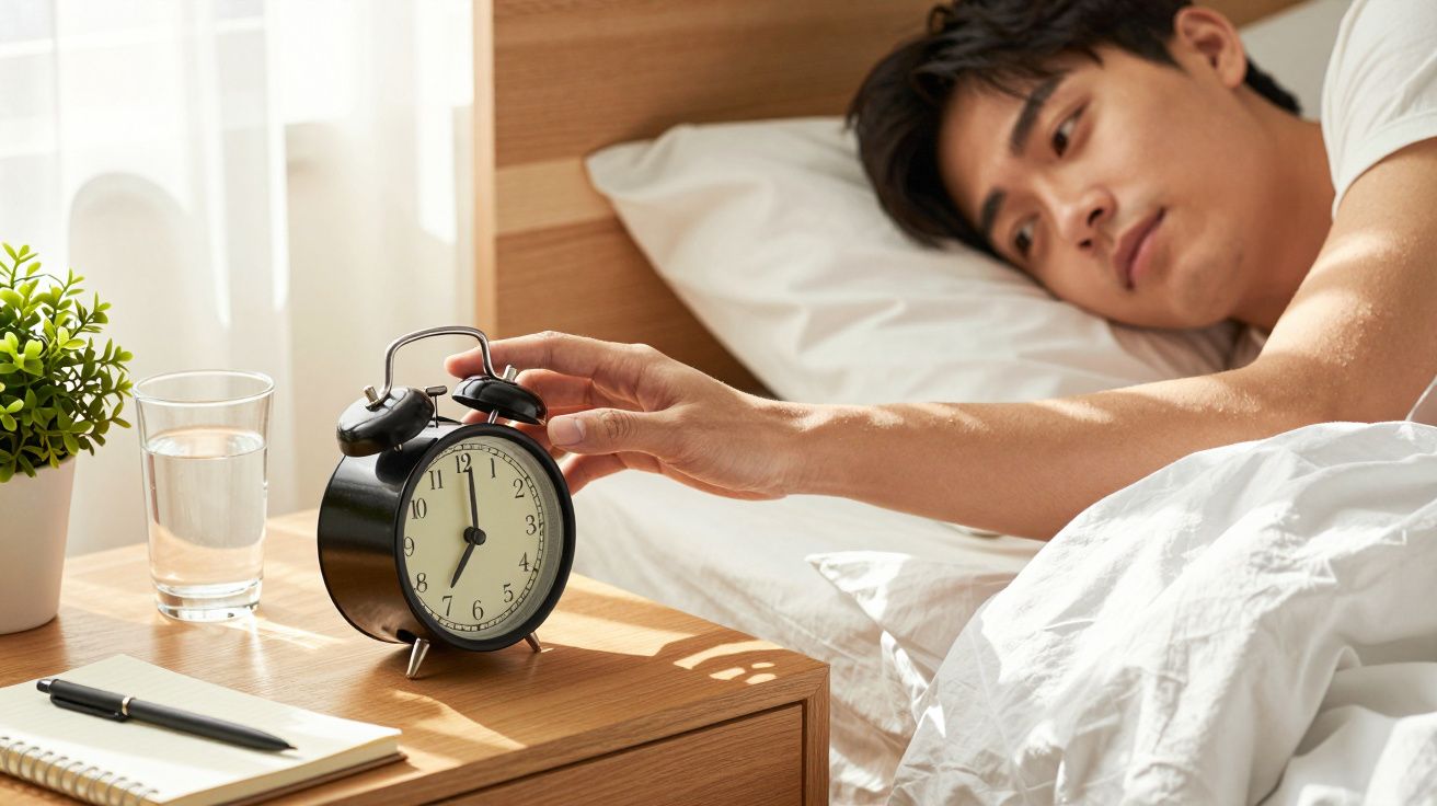 Homem na cama, desligando despertador analógico numa mesa com caderno, copo e planta ao lado.