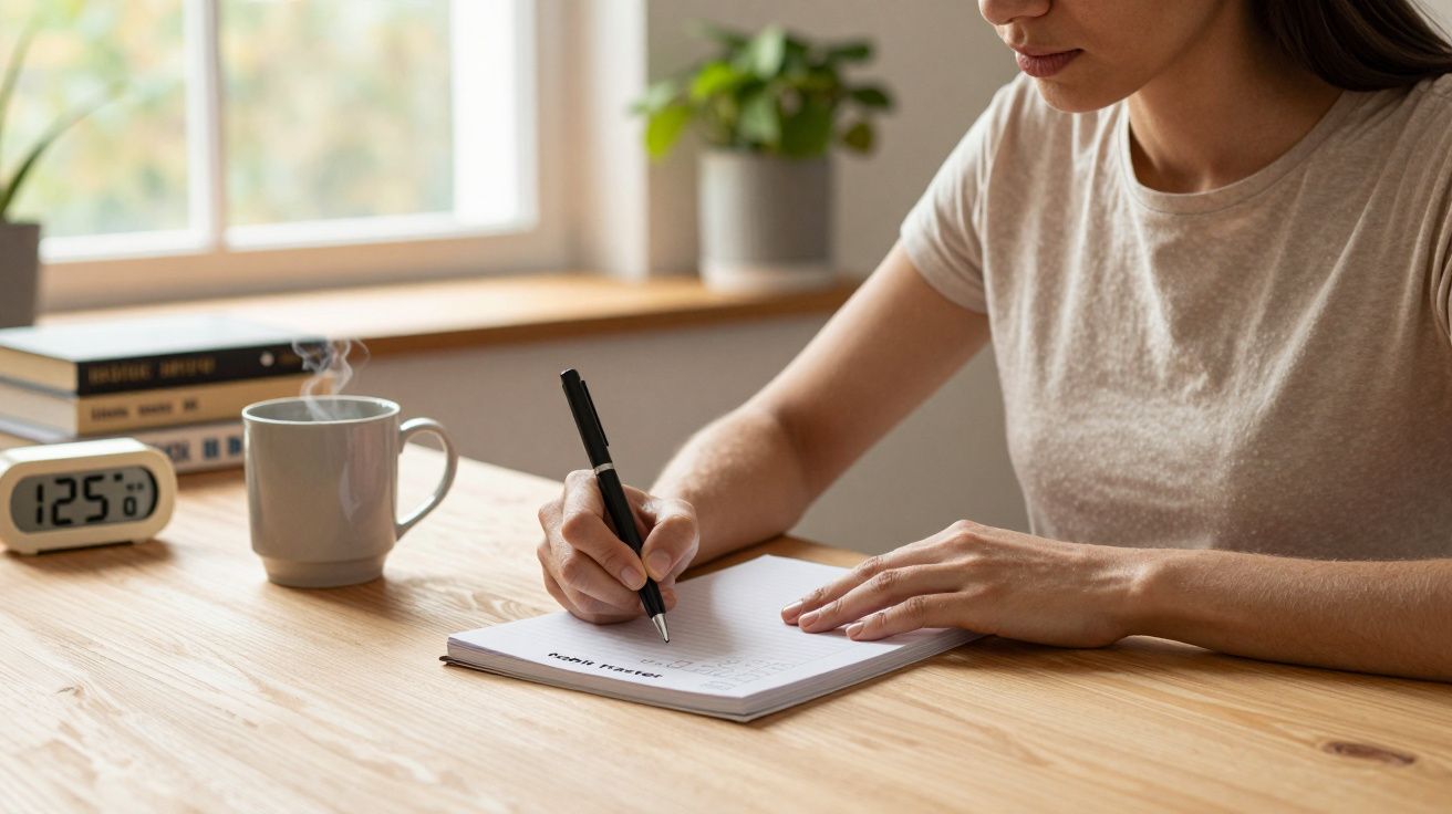 Mulher escreve em caderno numa mesa de madeira com chávena e relógio, planta ao lado da janela.