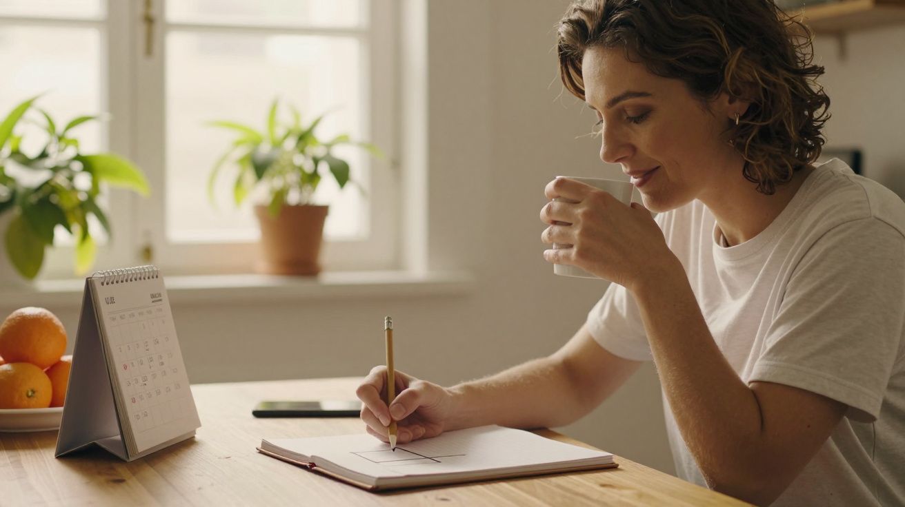 Mulher escreve em bloco de notas com chá na mão, ao lado de calendário e frutas na mesa, plantas ao fundo.