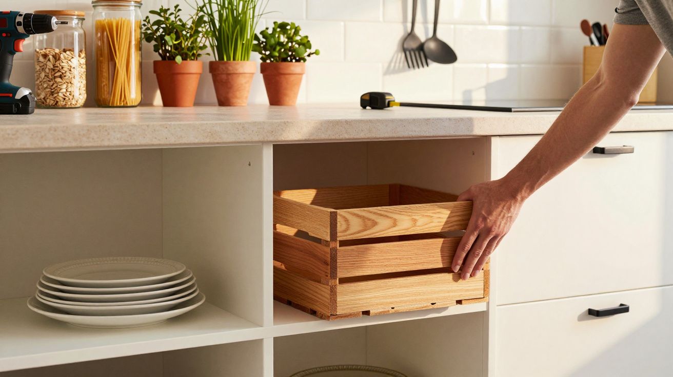 Pessoa coloca caixa de madeira num armário de cozinha, com prateleira decorada com pratos e ervas em vasos.