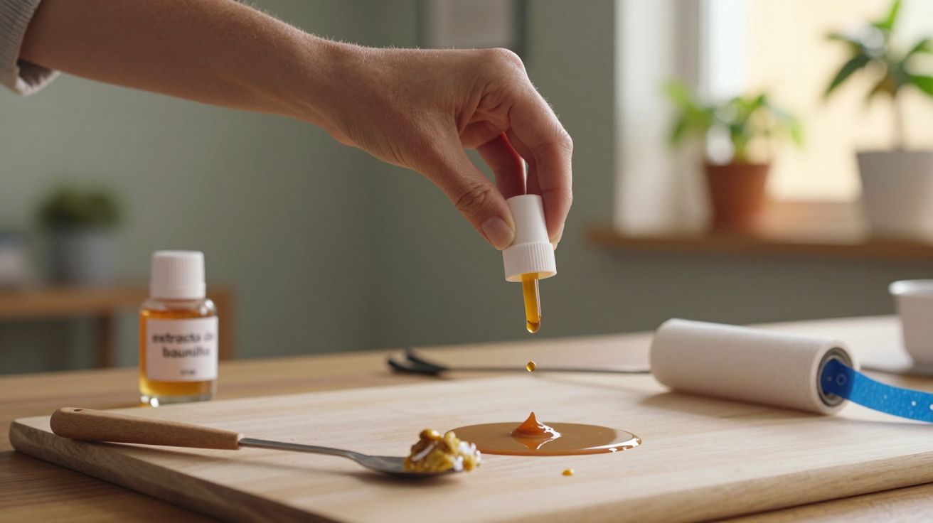 Mão a pingar extrato de baunilha sobre tábua de madeira com colher e frasco ao fundo.