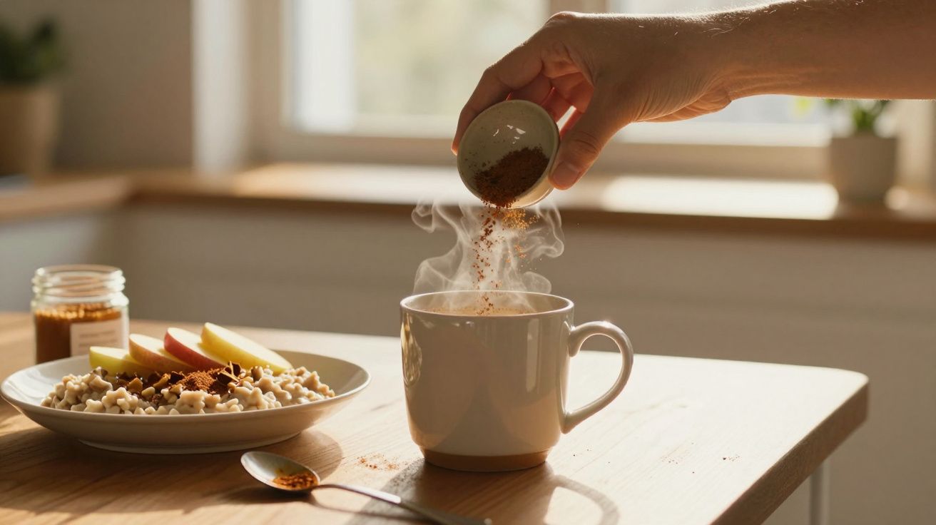 Mão a adicionar canela a uma chávena fumegante, ao lado de um prato com aveia e fatias de maçã sobre uma mesa de madeira.