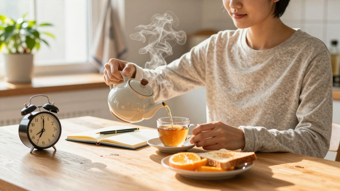Pessoa a servir chá numa mesa com torradas e laranjas, ao lado de um despertador e um caderno aberto.