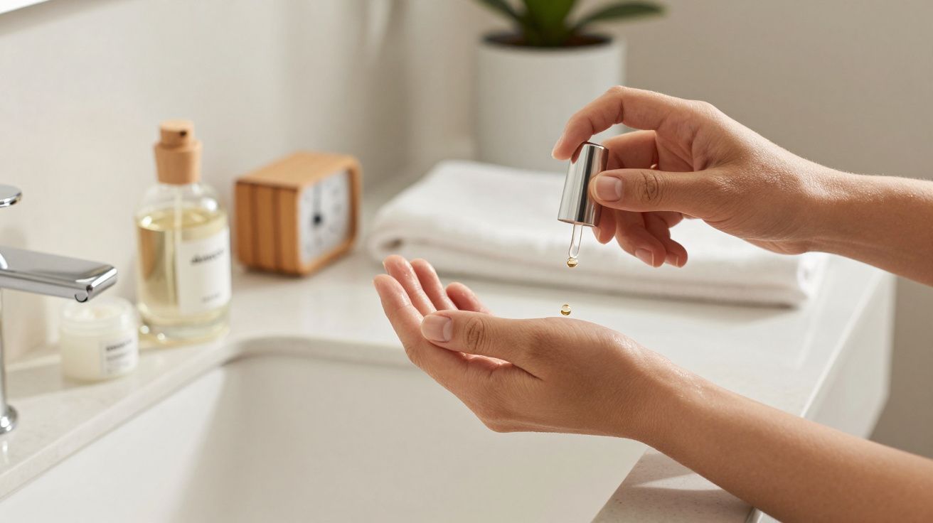 Mãos aplicando soro facial com conta-gotas. Balcão da casa de banho com toalha, relógio e produtos de cuidado.