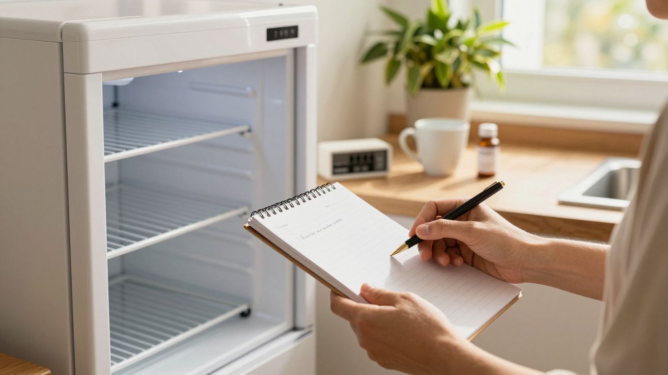 Pessoa a escrever num bloco de notas em frente a um frigorífico vazio numa cozinha iluminada, com plantas ao fundo.