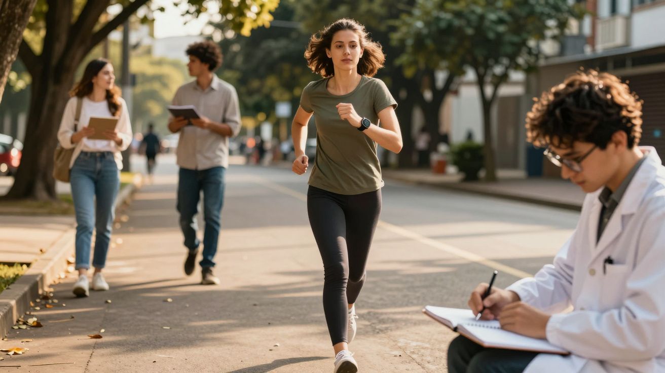 Mulher a correr numa rua com pessoas e um homem sentado a escrever.