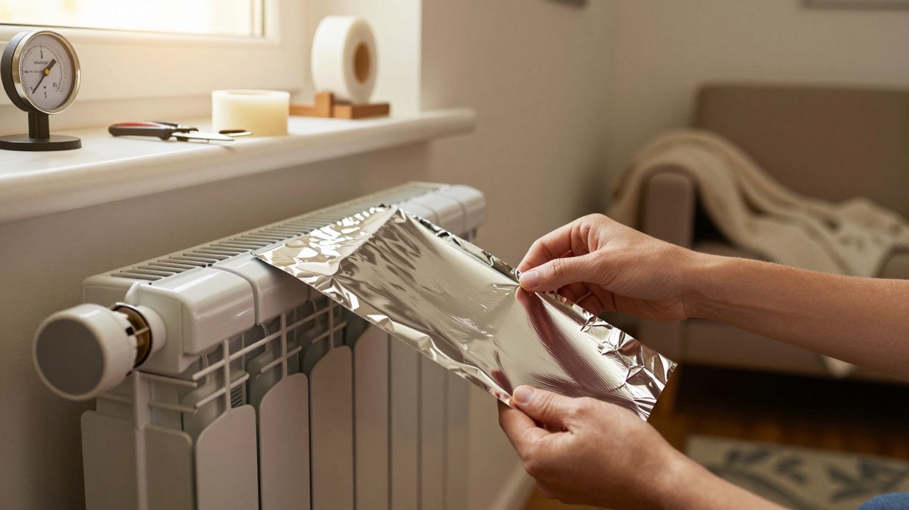 Pessoa coloca folha de alumínio atrás de um aquecedor branco perto de uma janela. Ao fundo, sofá com manta.