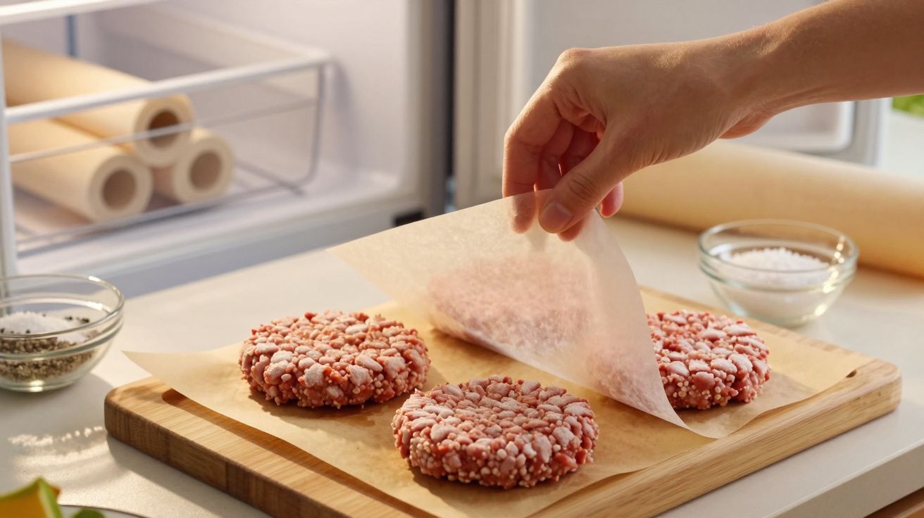 Mão coloca papel vegetal sobre hambúrgueres congelados num tabuleiro de madeira ao lado de temperos.