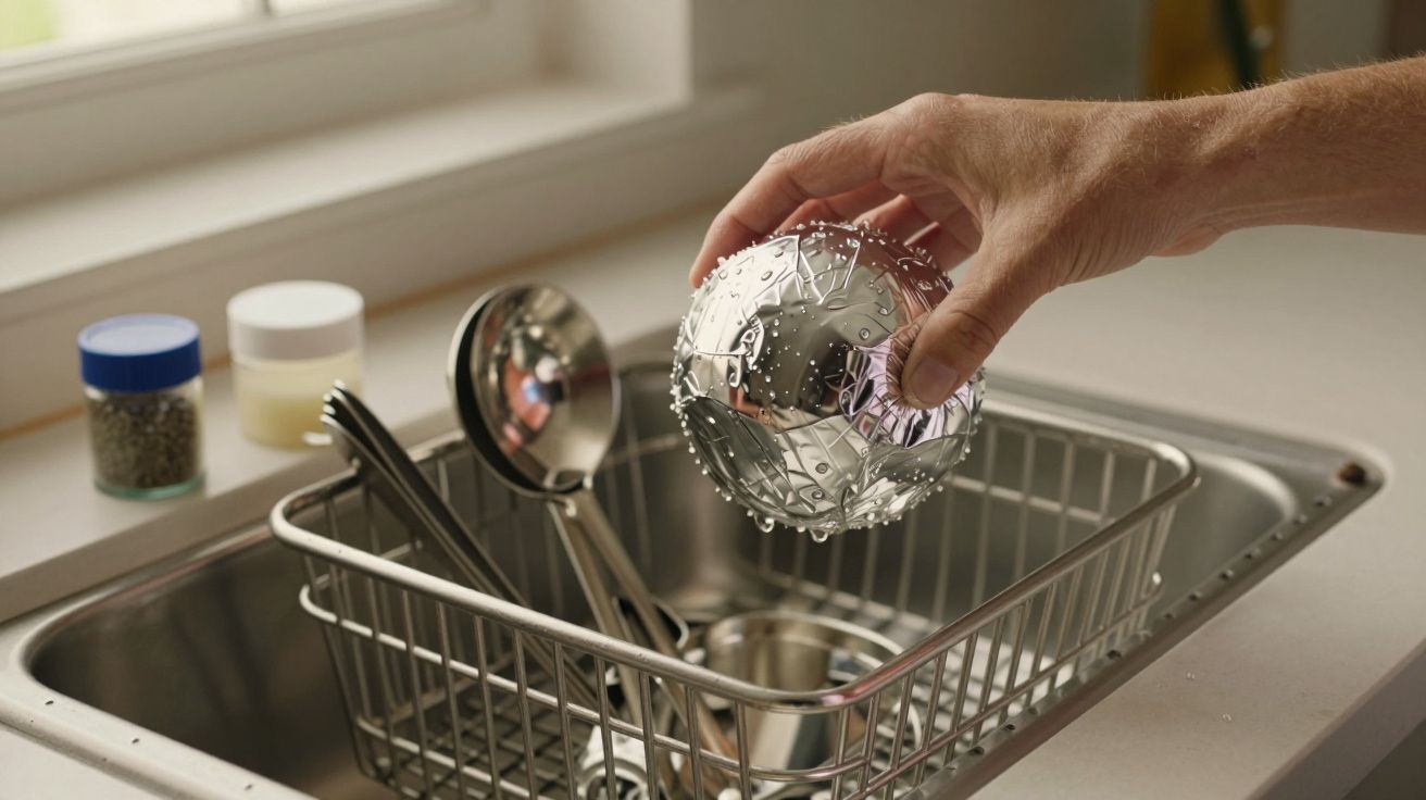 Mão segurando esfera metálica sobre lava-louça com utensílios, frascos de especiarias ao fundo.