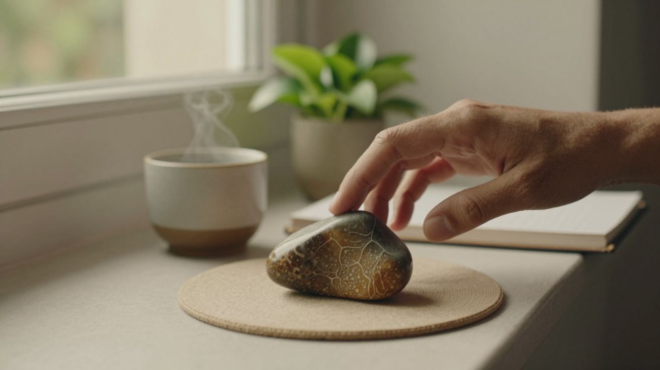 Mão tocando pedra sobre mesa junto a chávena fumegante, planta e caderno ao lado de uma janela iluminada.