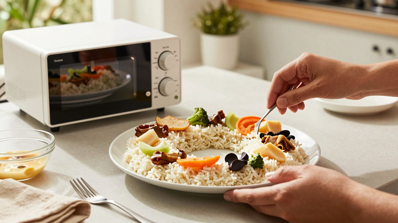 Pessoa a decorar prato de arroz com legumes coloridos com micro-ondas ao fundo numa cozinha iluminada.