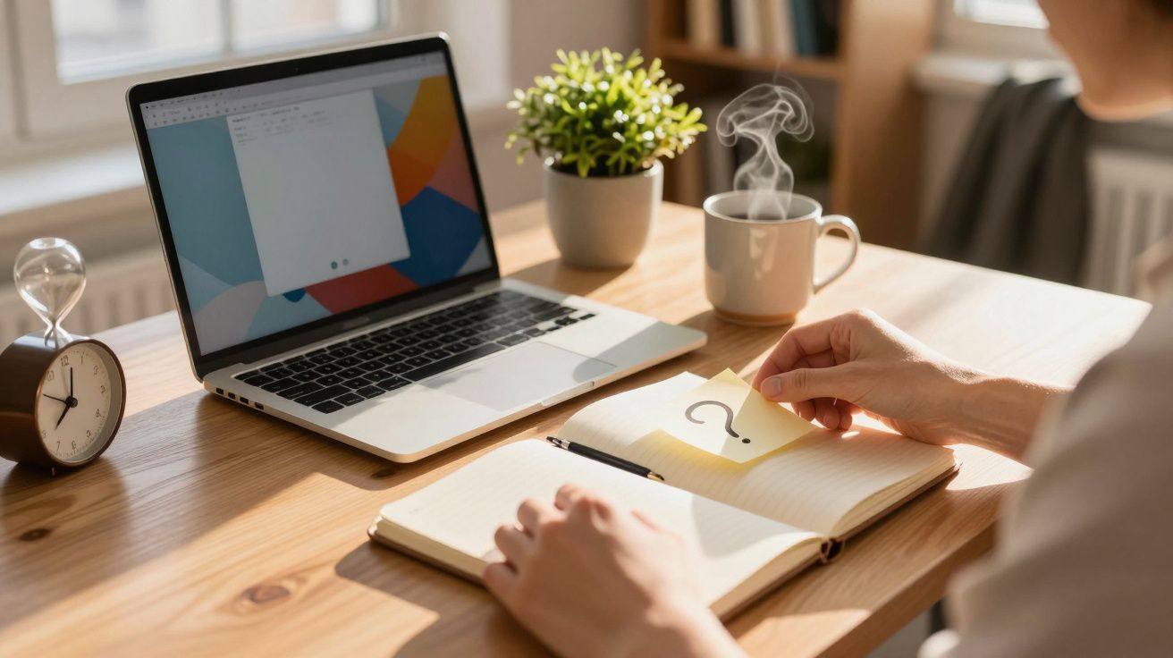 Pessoa escrevendo em bloco de notas ao lado de portátil. Há uma caneca fumegante e um relógio na mesa.