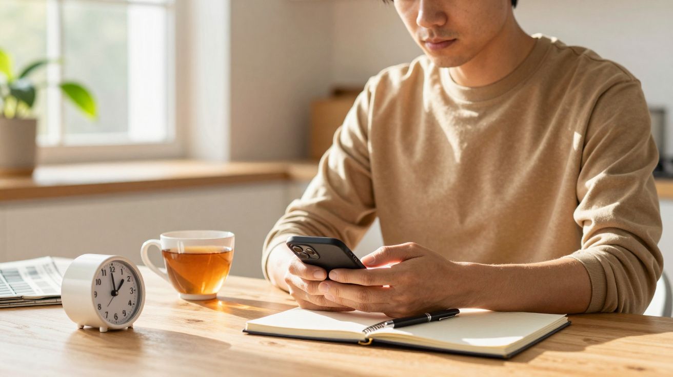 Homem sentado à mesa com chávenas de chá, um bloco de notas, relógio e telemóvel, concentrado no ecrã.