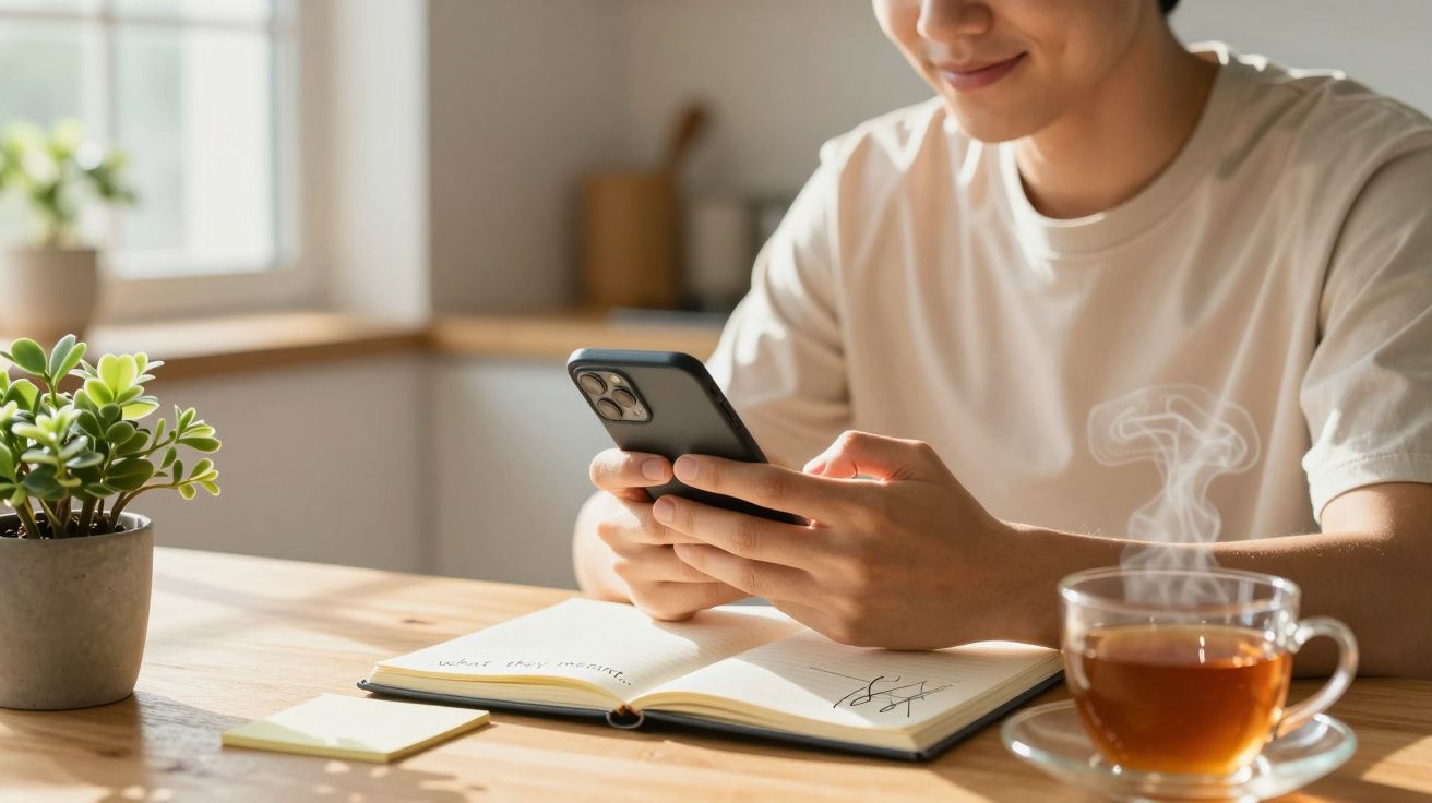 Pessoa sorrindo, usando smartphone, com chá e caderno abertos numa mesa ao lado de uma janela.