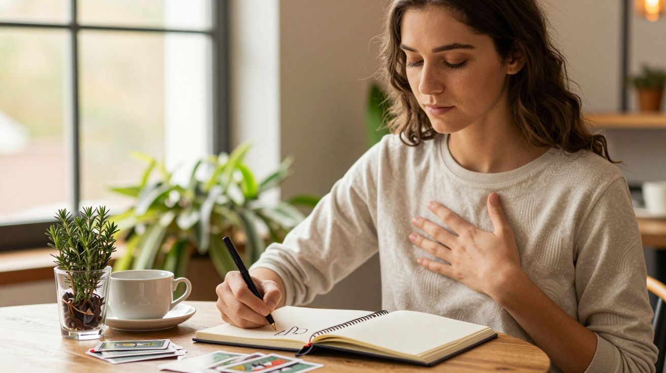 Mulher a escrever num caderno, sentada à mesa com uma planta e chávena ao lado, em ambiente iluminado por janela.