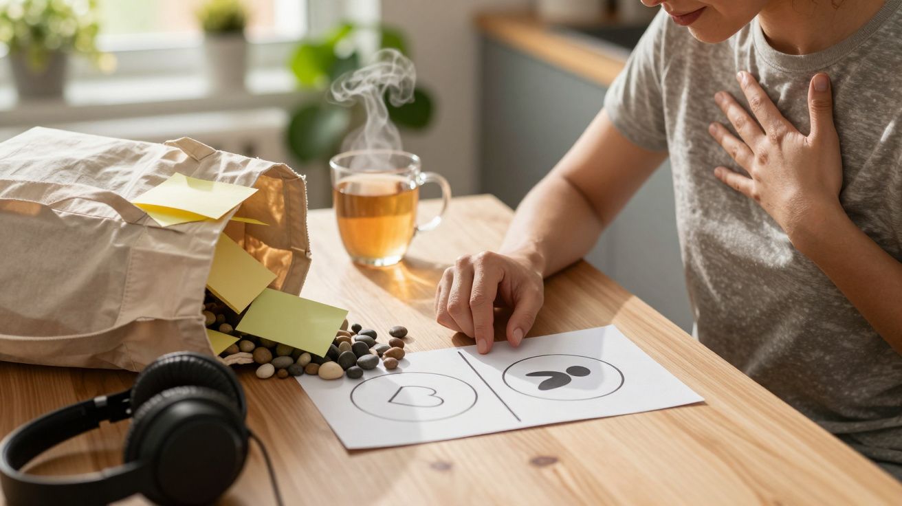 Mulher toca papel com símbolos, chá e pedras na mesa de madeira ao sol.