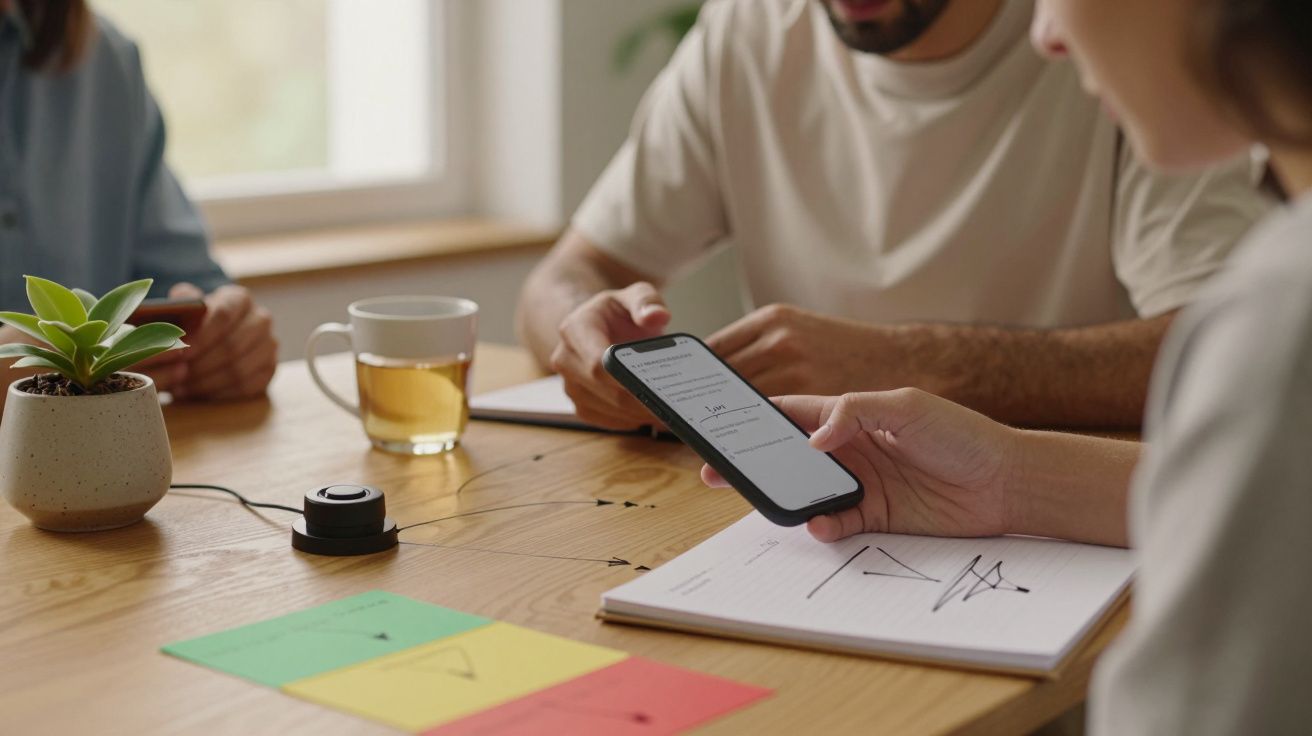 Pessoas numa reunião, uma segurando telemóvel, outra com caderno. Na mesa, chávena de vidro e planta pequena.