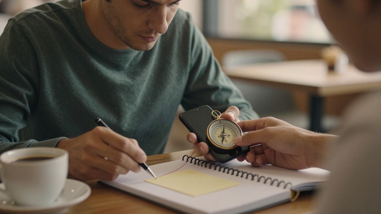 Homem desenha com caneta, segurando telemóvel. Outro segura bússola. Cafetaria ao fundo.