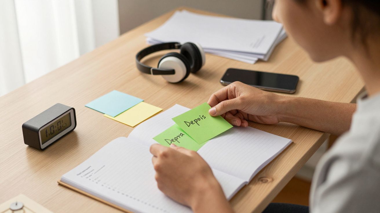 Pessoa estudando com notas adesivas, livros, telemóvel e auscultadores na secretária.