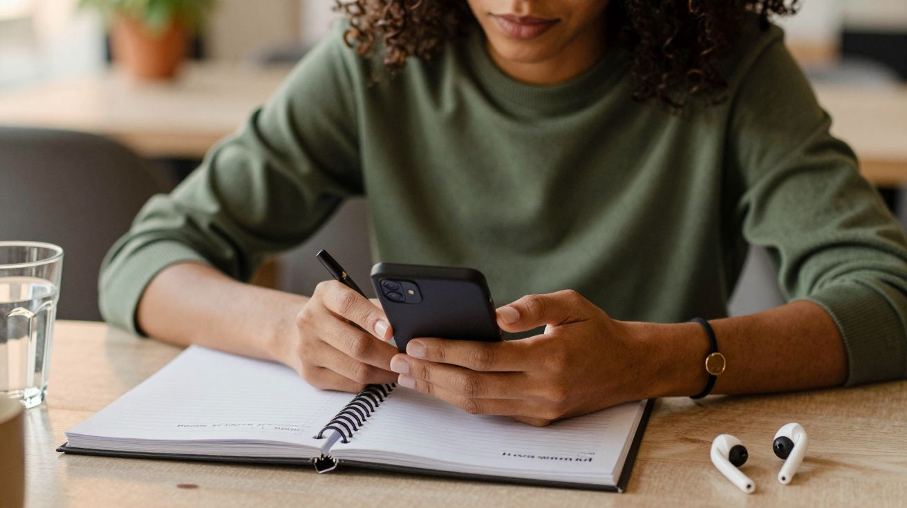 Mulher sentada à mesa, usando telemóvel e escrevendo num caderno, com auscultadores e copo de água ao lado.