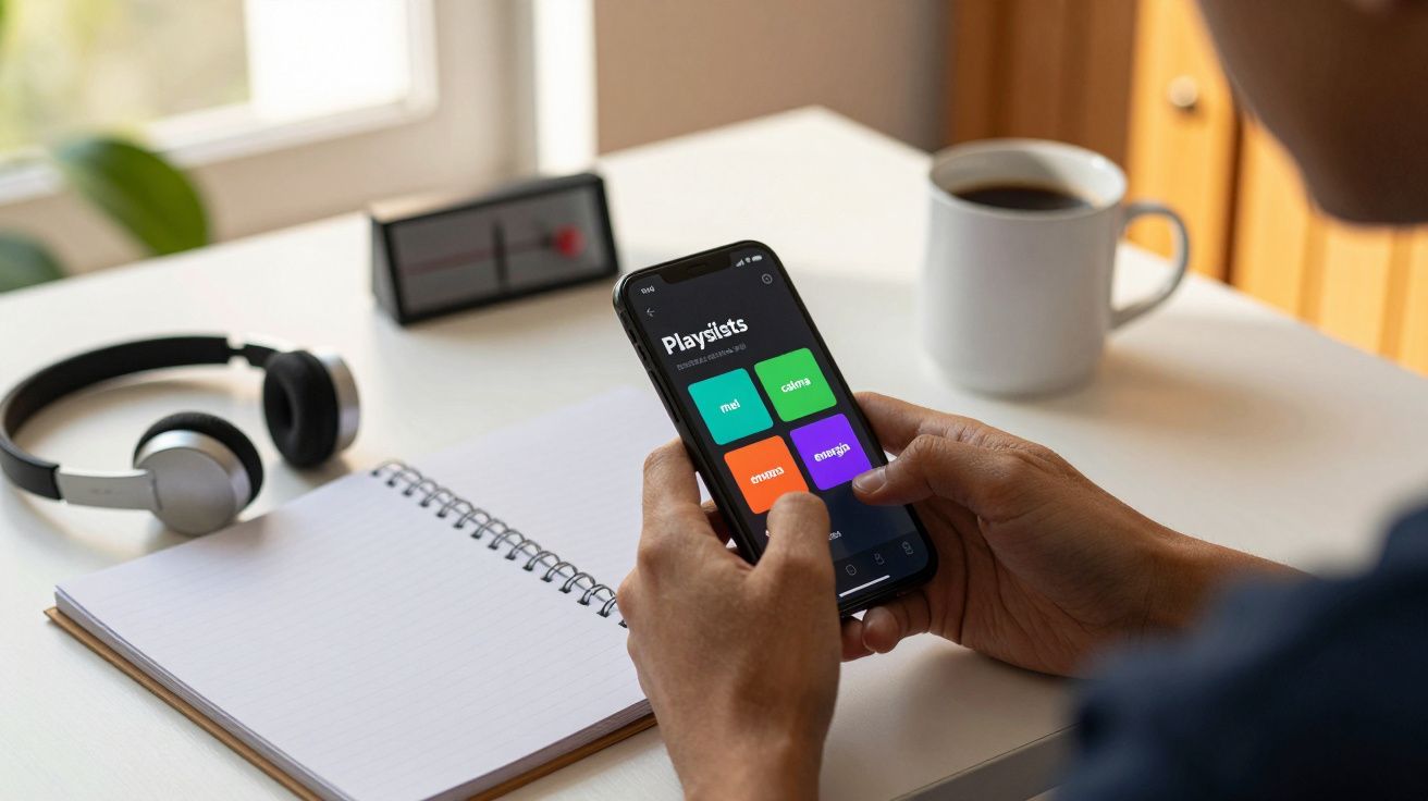 Pessoa a usar smartphone numa secretária com caderno, auscultadores e chávena de café.