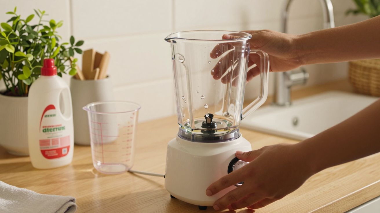 Pessoa ajusta liquidificador na bancada da cozinha, ao lado de detergente e copo medidor.