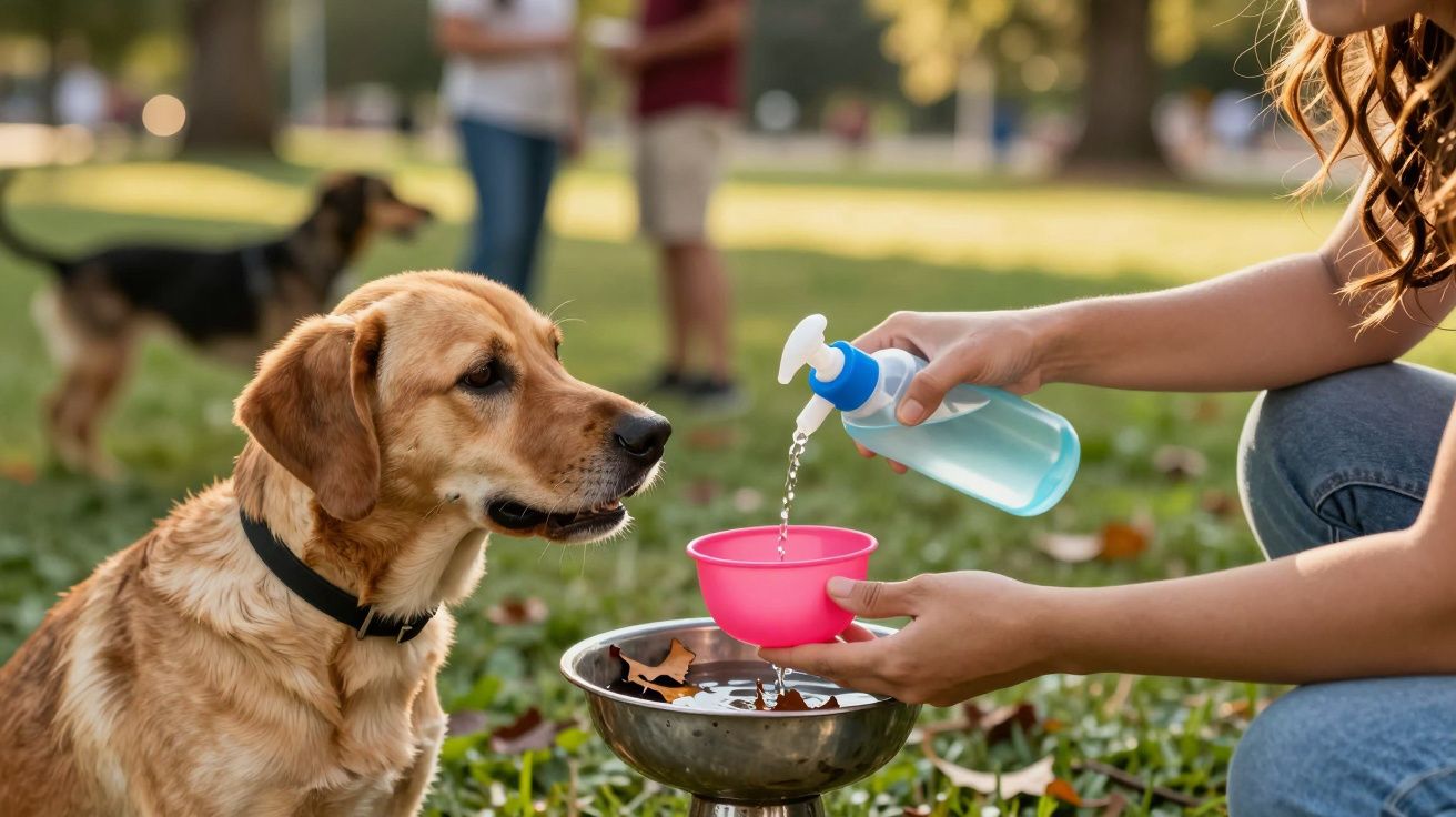 Pessoa enchendo taça rosa com água para um cão num parque, com outras pessoas e um cão ao fundo.