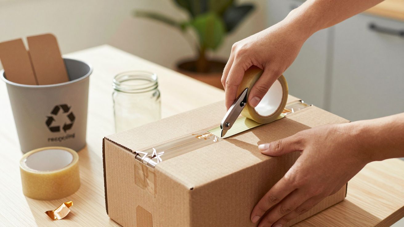 Mãos a selar uma caixa de cartão com fita adesiva numa mesa, com rolo de fita e caixote de reciclagem ao fundo.