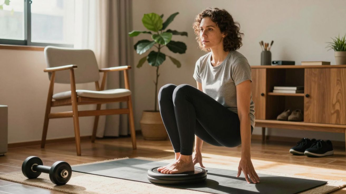 Mulher em posição de agachamento sobre placa de equilíbrio em sala bem iluminada, com haltere ao lado.