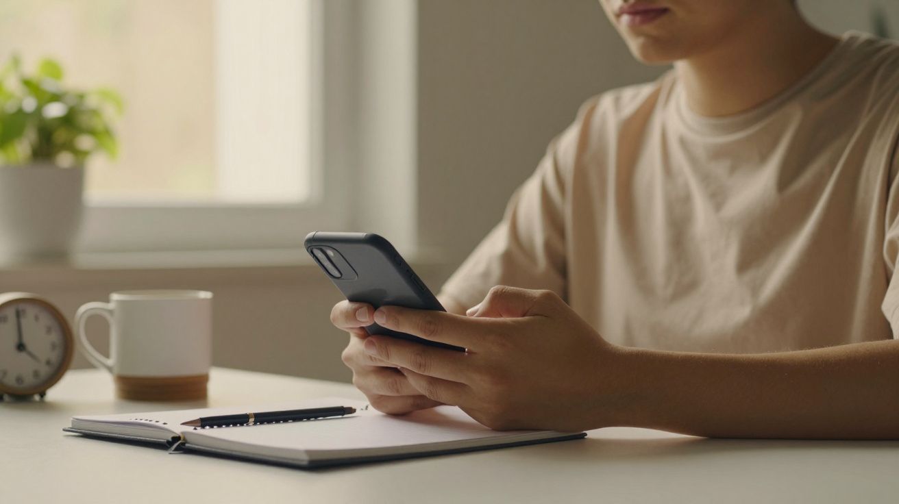 Pessoa sentada à mesa, segurando um telemóvel, com um bloco de notas, caneta, relógio e planta ao fundo.