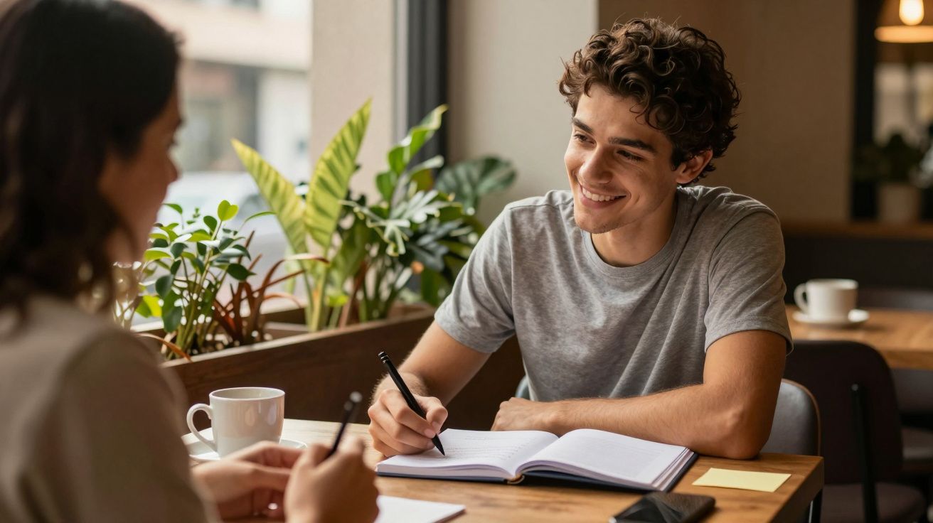 Jovem a sorrir enquanto toma notas num caderno numa cafetaria, com plantas ao fundo e uma chávena na mesa.