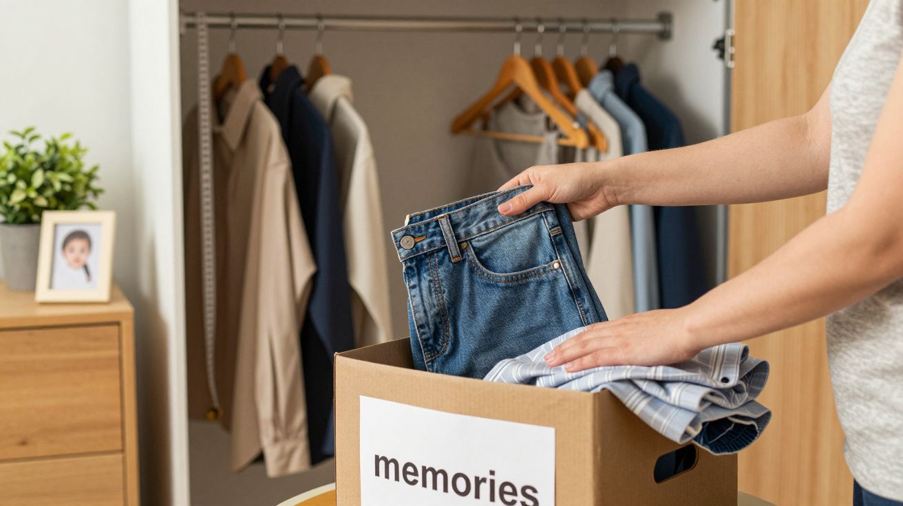 Pessoa guarda roupa numa caixa de cartão marcada "memories" em frente a um roupeiro com cabides.