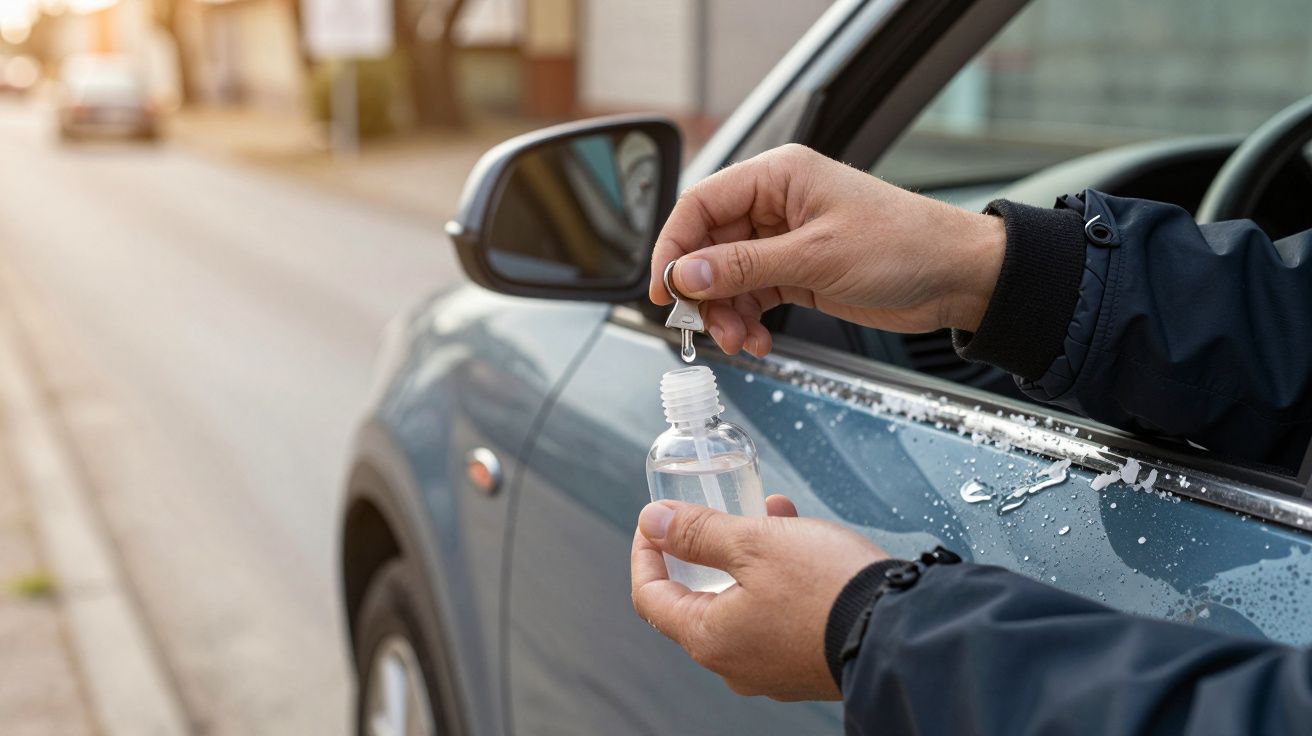 Pessoa segurando uma garrafa de desinfetante ao lado de um carro cinza estacionado na rua.
