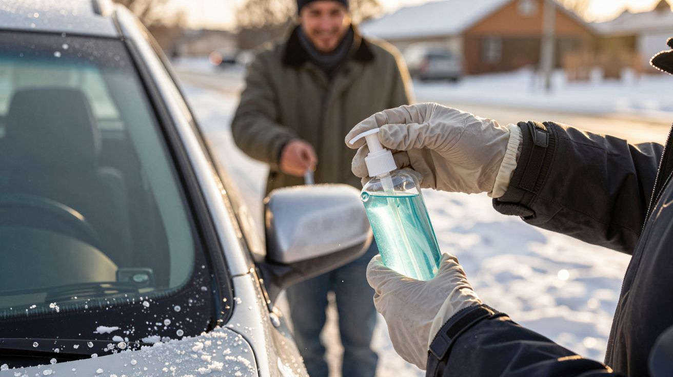 Pessoa com luvas segurando desinfetante ao lado de um carro coberto de neve, outra pessoa ao fundo numa rua de inverno.