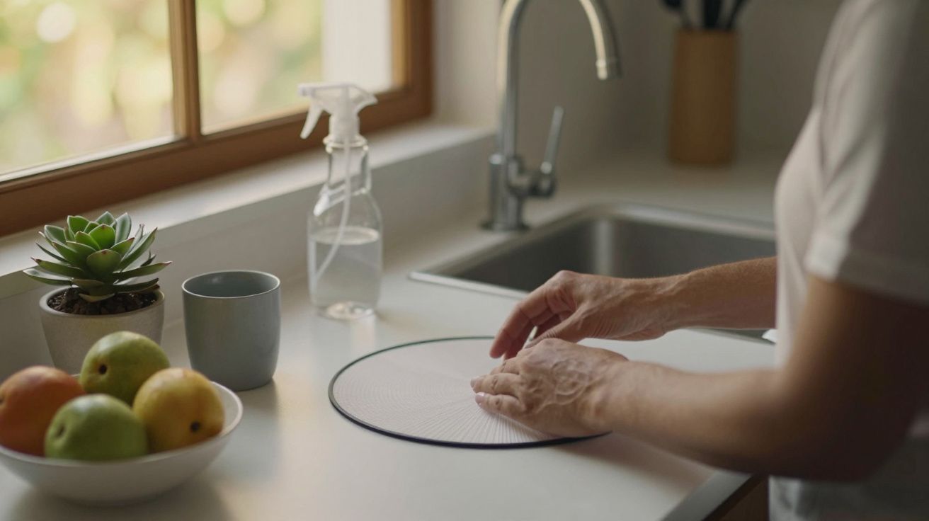 Pessoa a limpar bancada de cozinha com pano, ao lado de uma taça de fruta, planta e garrafa de spray.