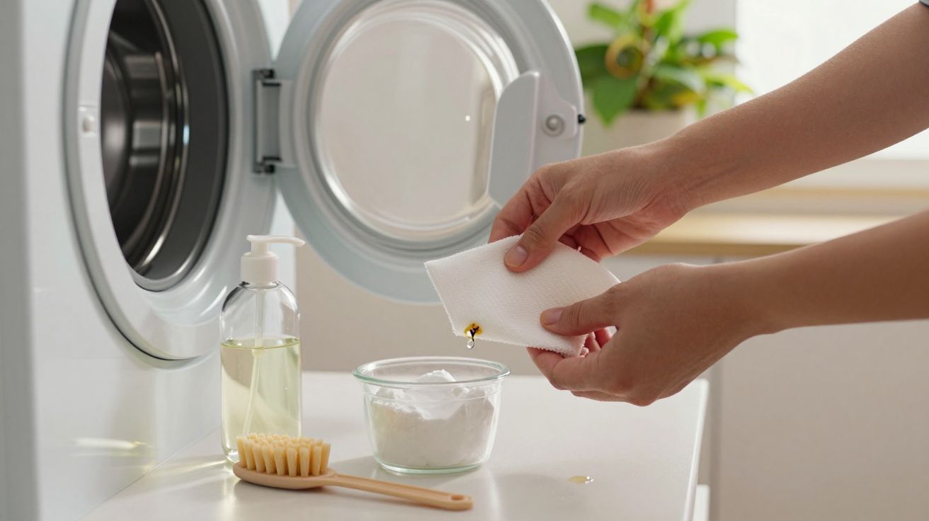 Mãos pingam óleo essencial num pano, perto de uma máquina de lavar aberta, com um frasco, uma escova e um pote de pó.