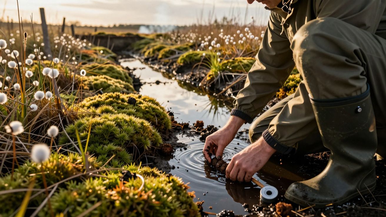 Pessoa colhe amostra de água num pântano com vegetação verde e flores brancas ao pôr do sol.